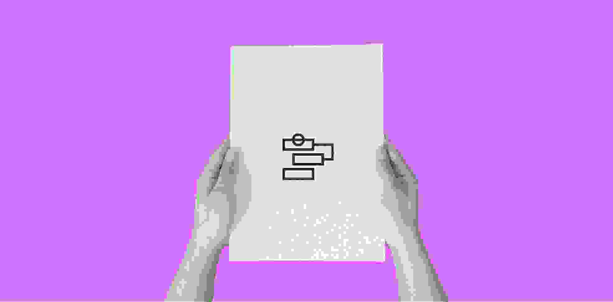 hands holding a sheet of paper with an icon, on a purple background