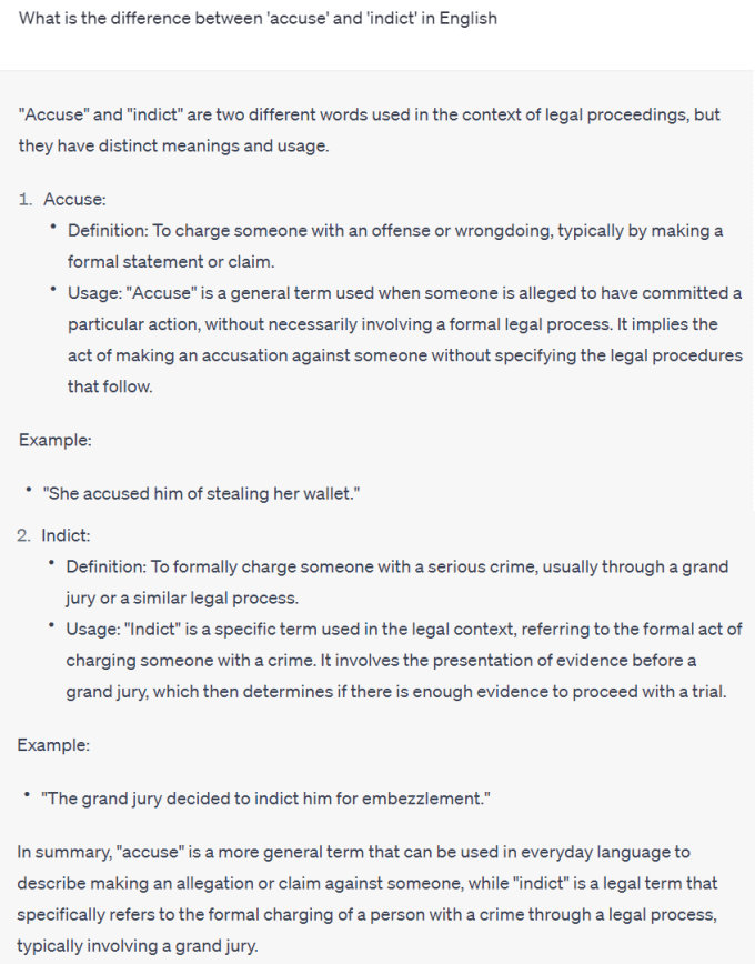 The difference between 'accuse' and 'indict'