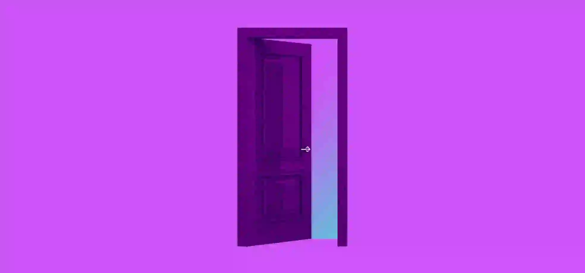 an open purple door illustration on a purple background