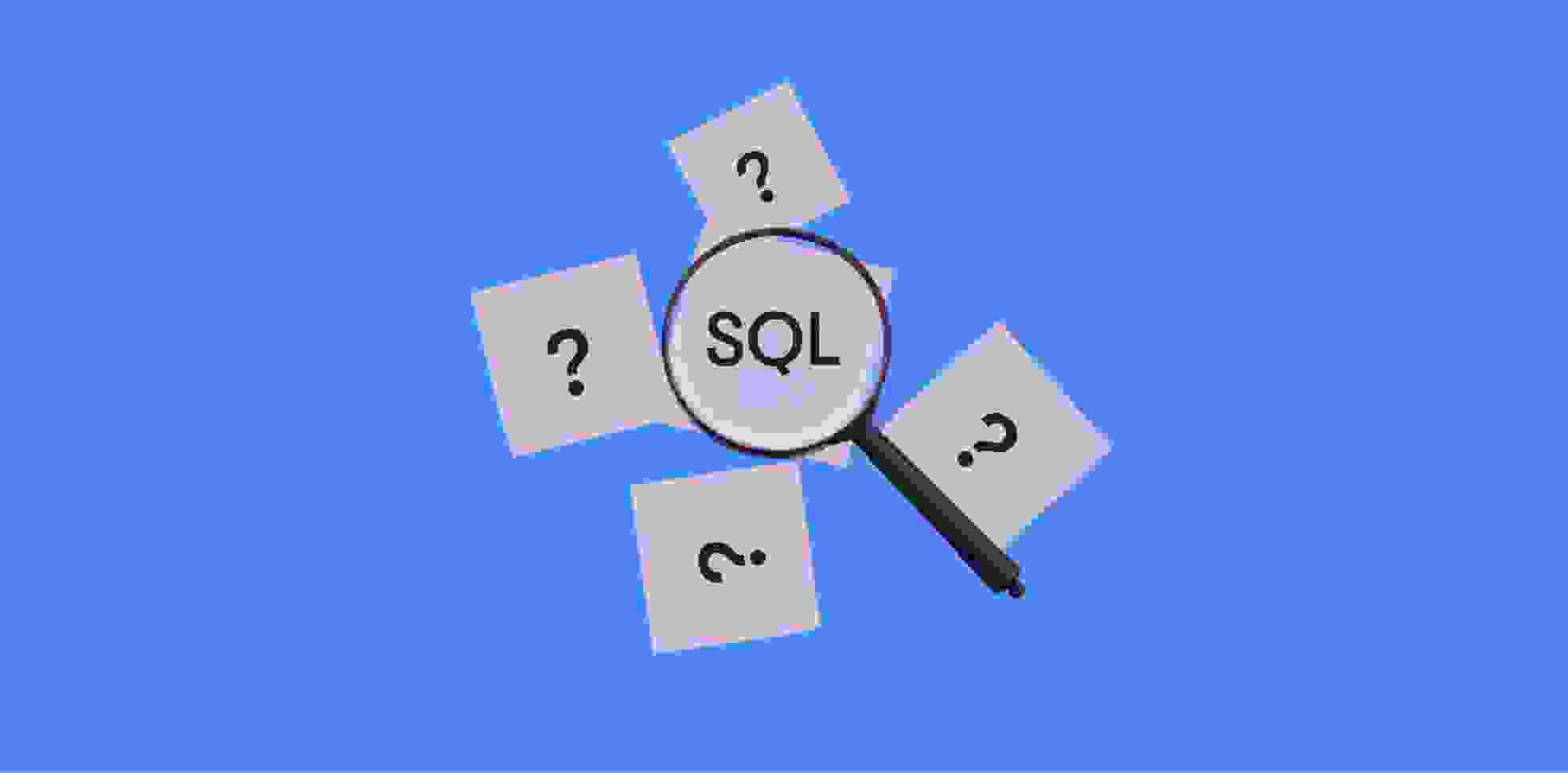 cards with symbols of questions and SQL under a magnifying glass on a blue background