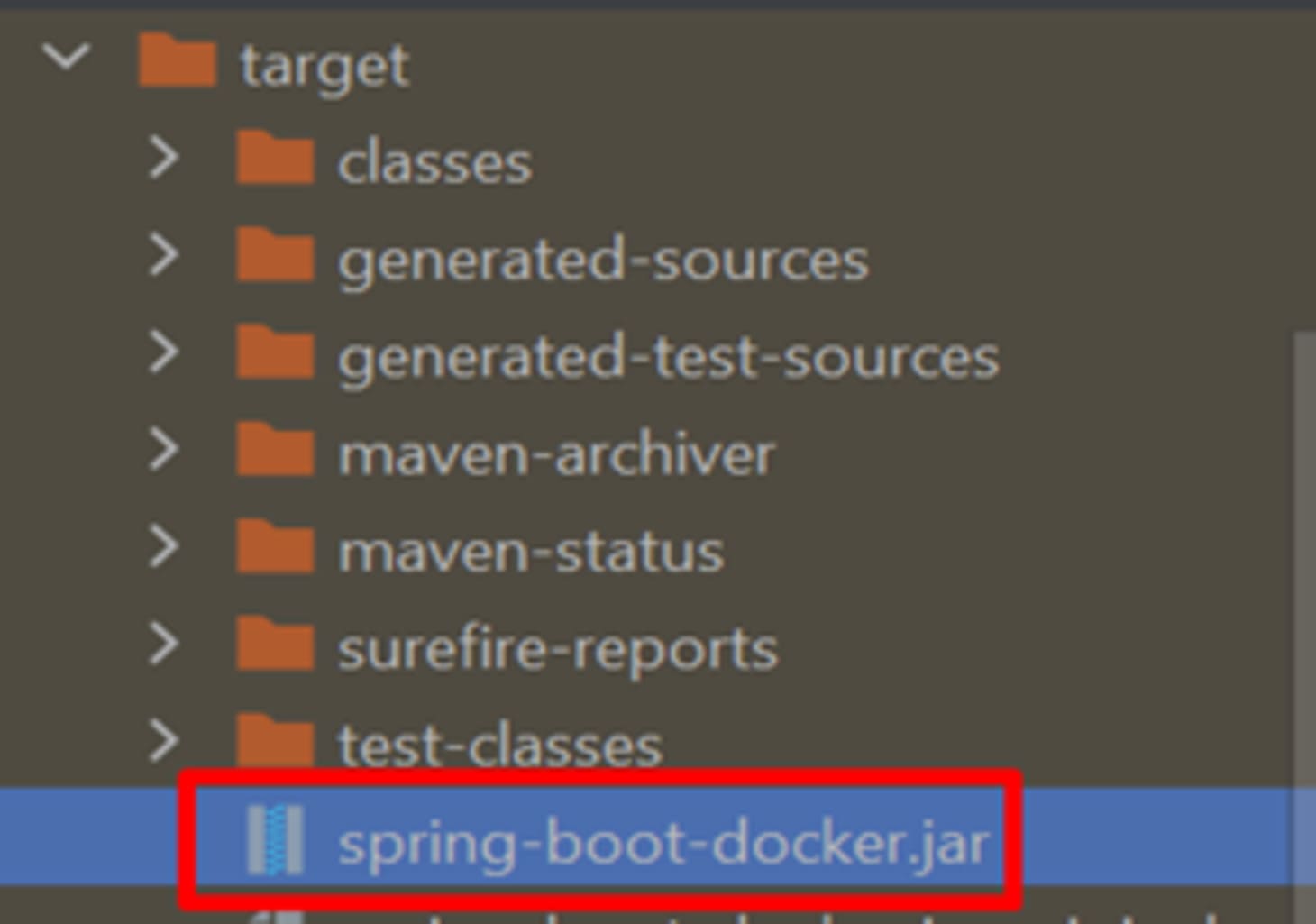 Una captura de pantalla de la ubicación del archivo .jar de Spring Boot Docker