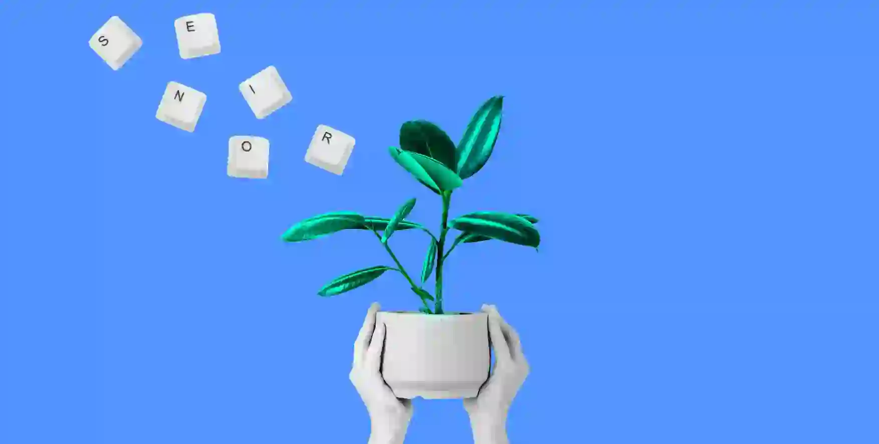 keyboard keys with letters senior near a pot with a flower in hands
