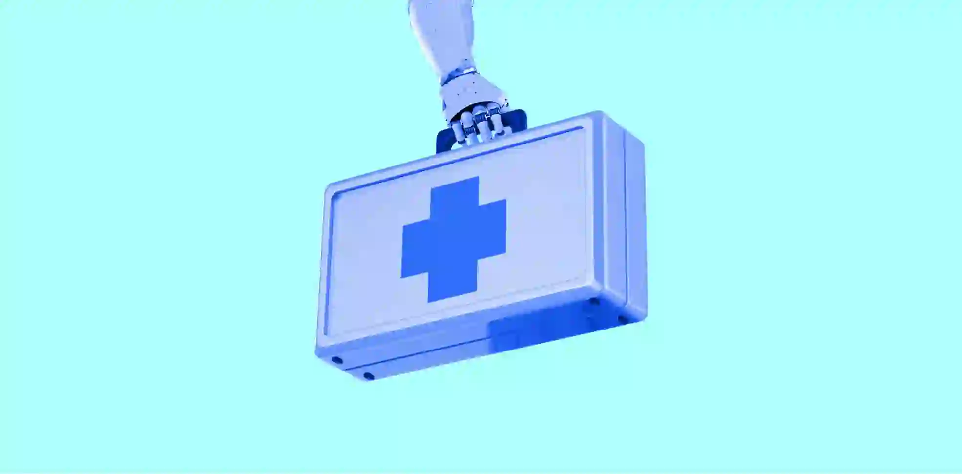 robot hand holding first aid kit on aqua background