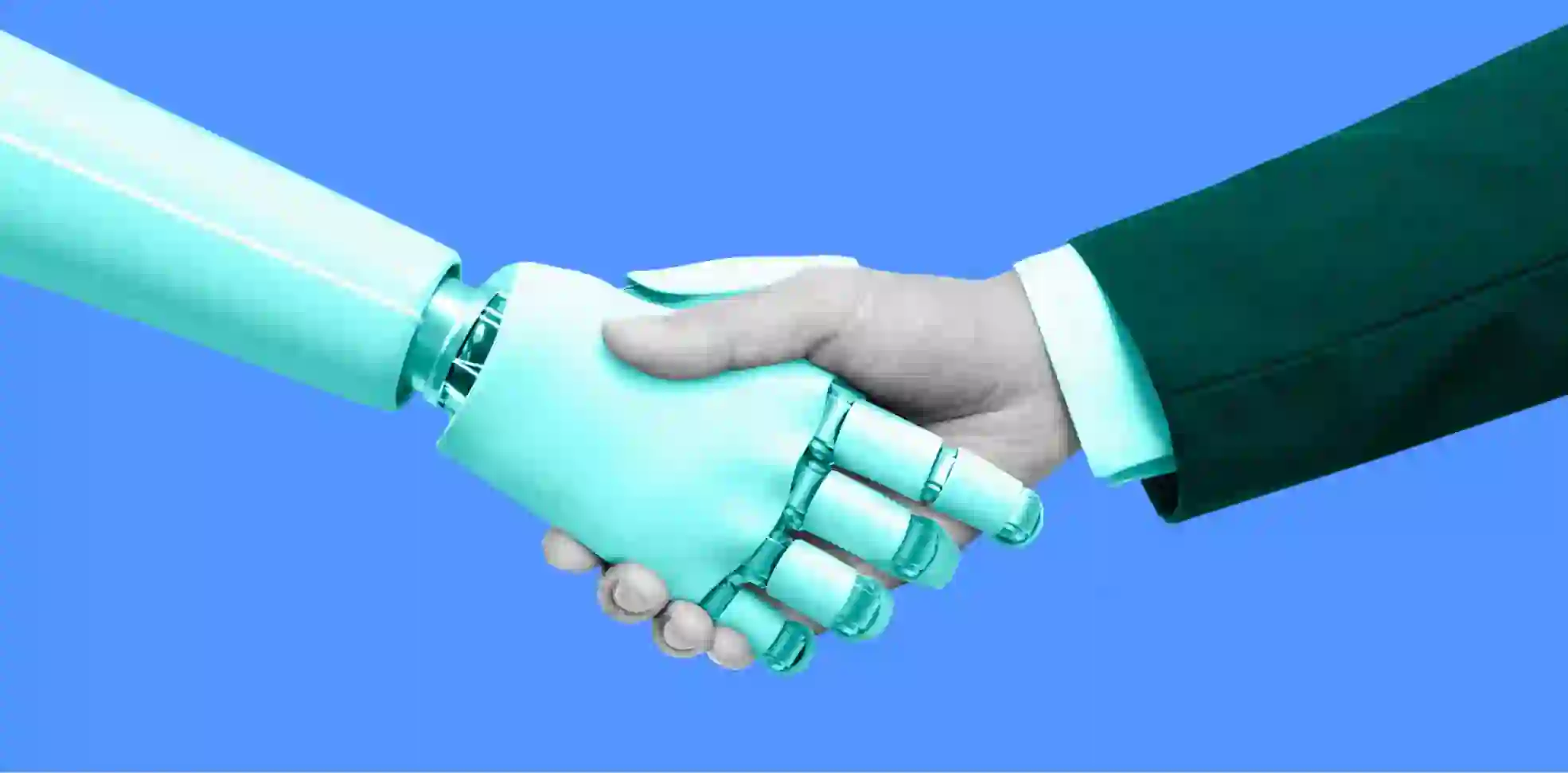 robot hand shaking human hand on blue background