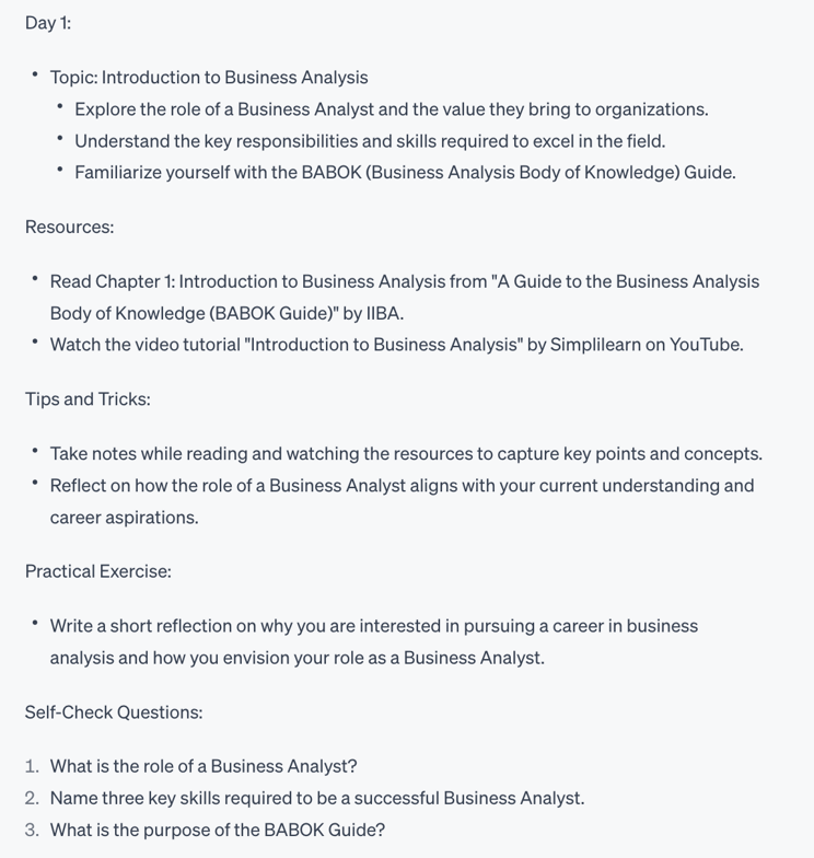 BA learning plan