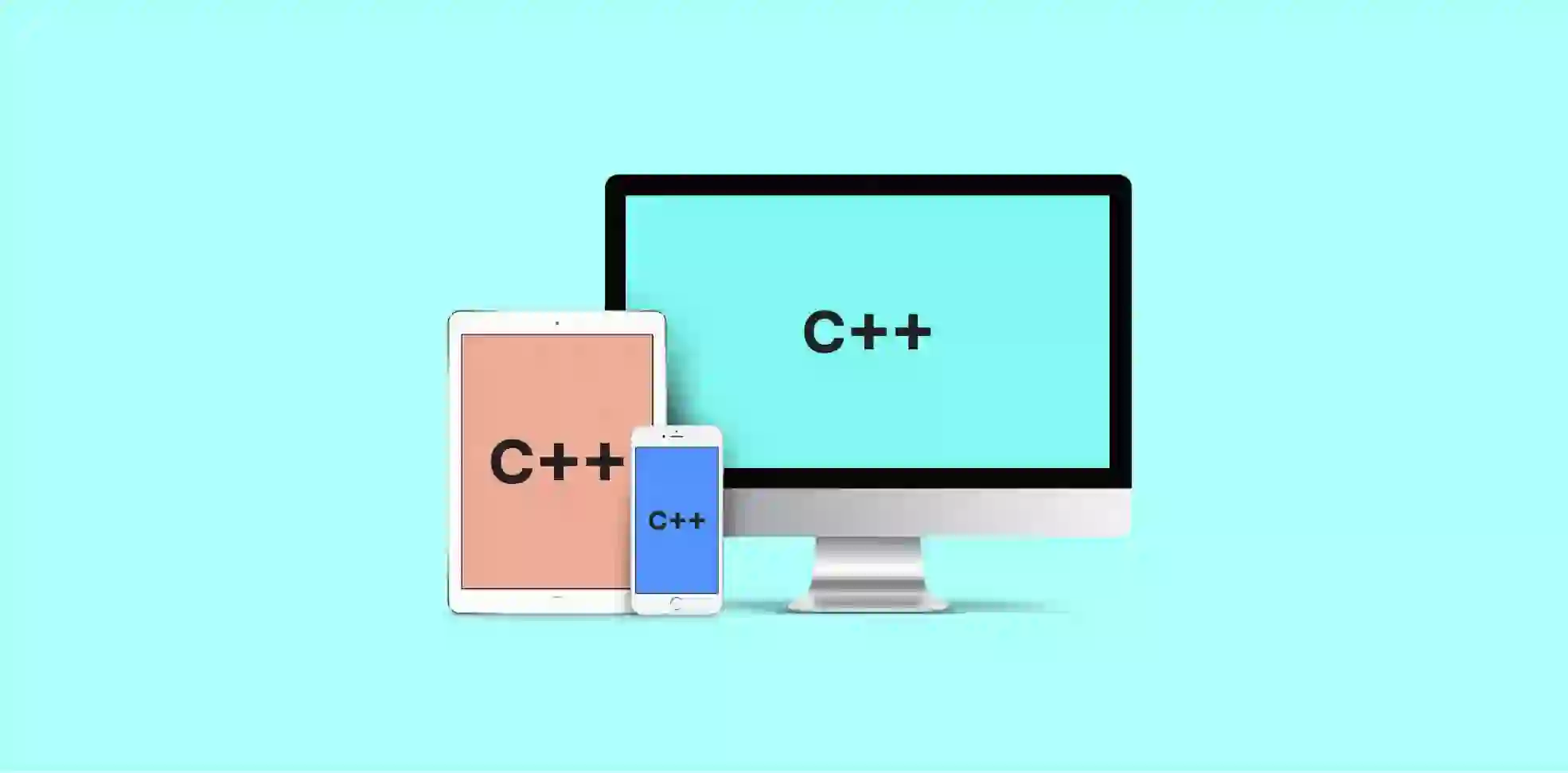 C++ is written on screens of a monitor, a tablet, a smartphone on aqua background