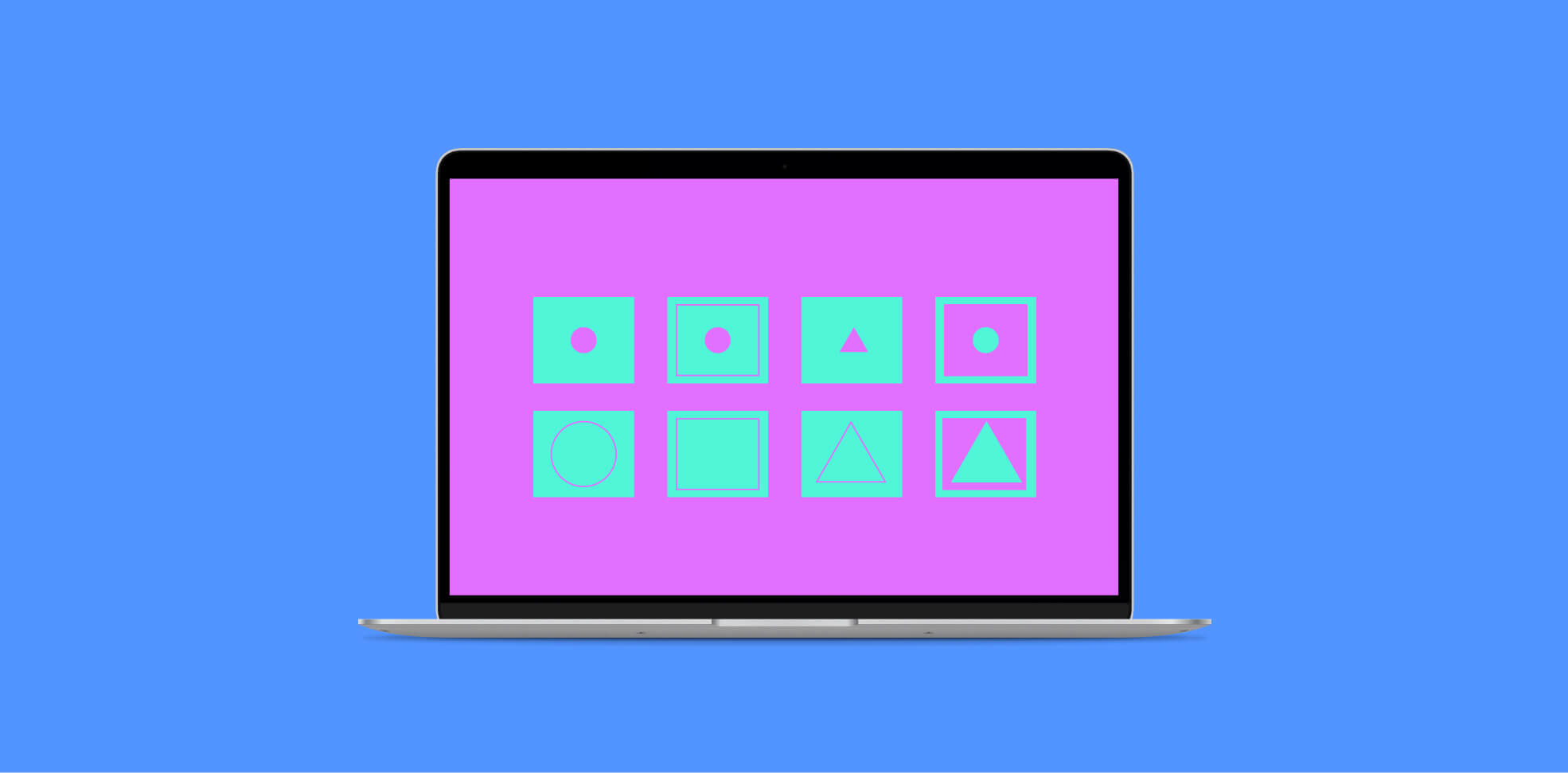 cards with symbols on a laptop screen on a blue background