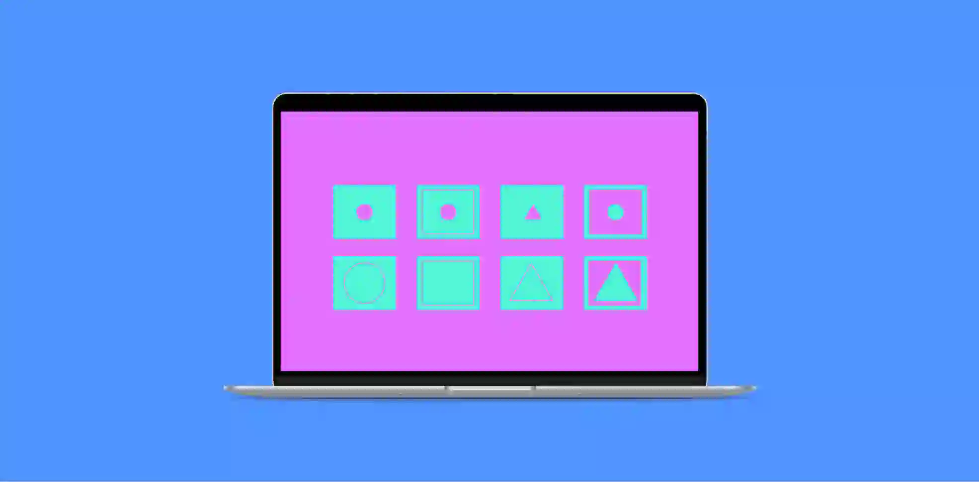 cards with symbols on a laptop screen on a blue background