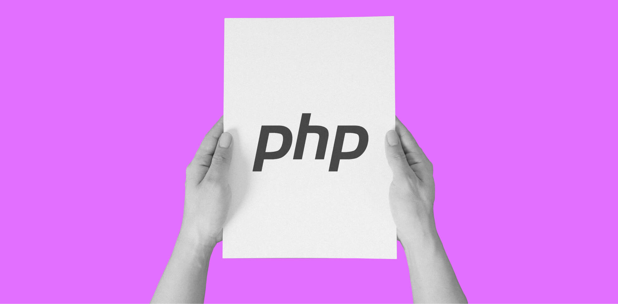 hands holding a sheet of paper with a word PHP on purple background