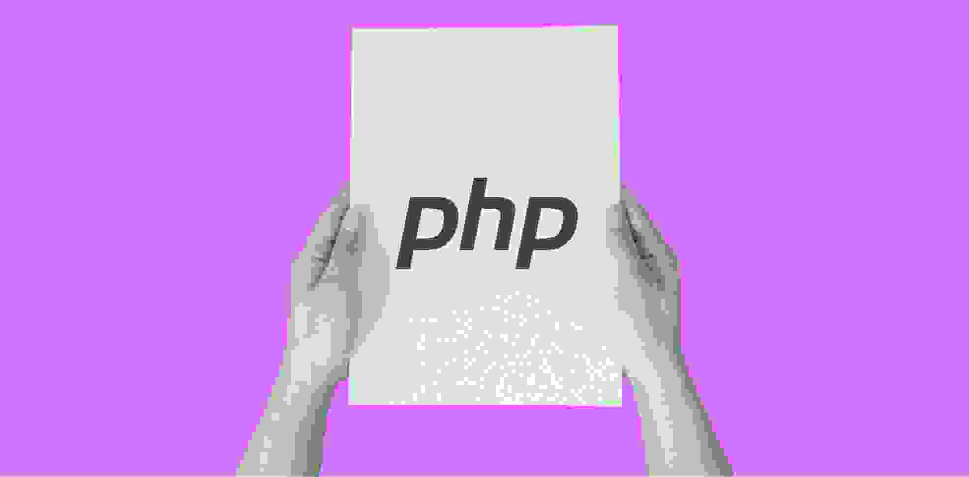 hands holding a sheet of paper with a word PHP on purple background
