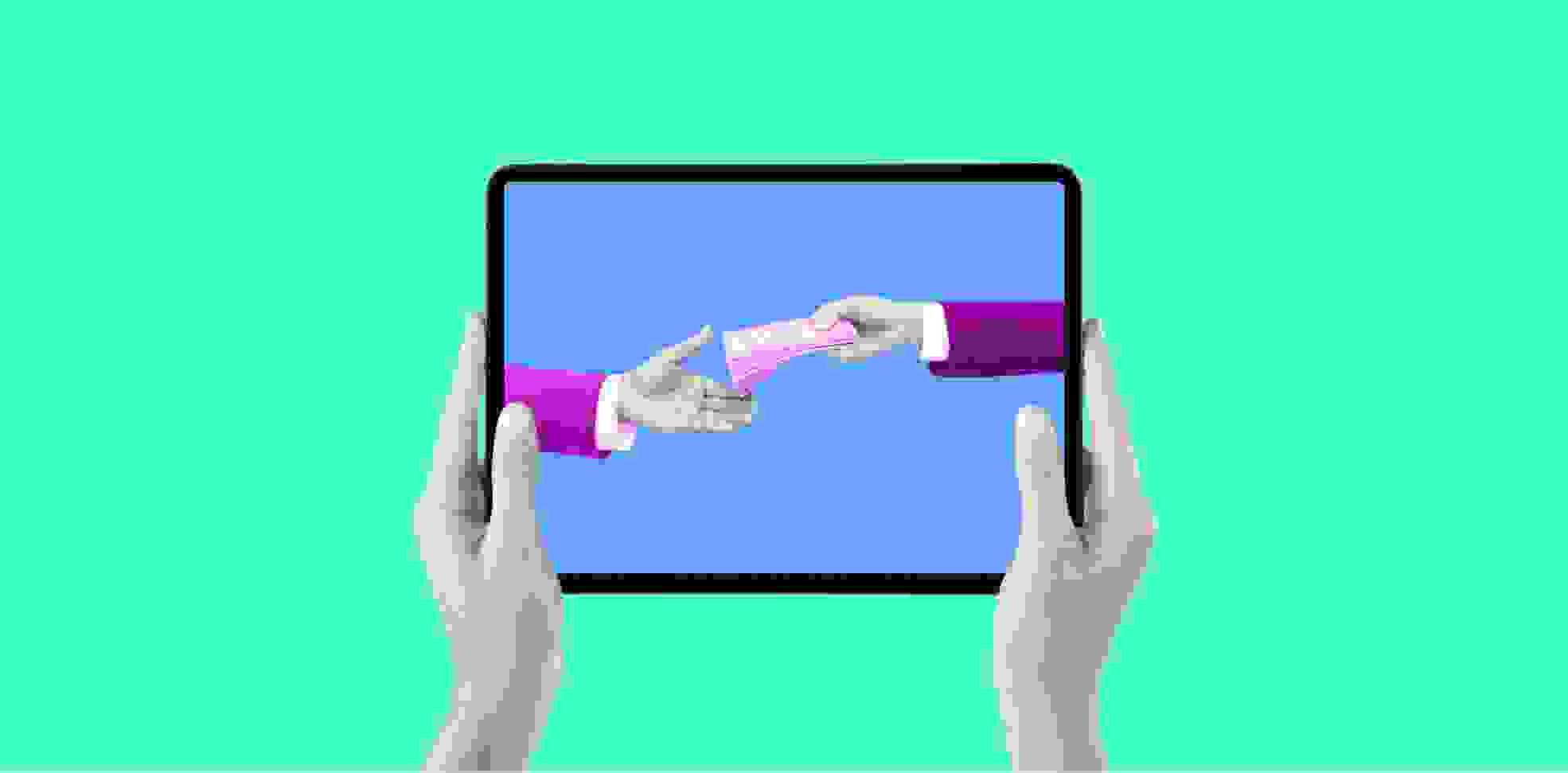 hands with money on a tablet screen