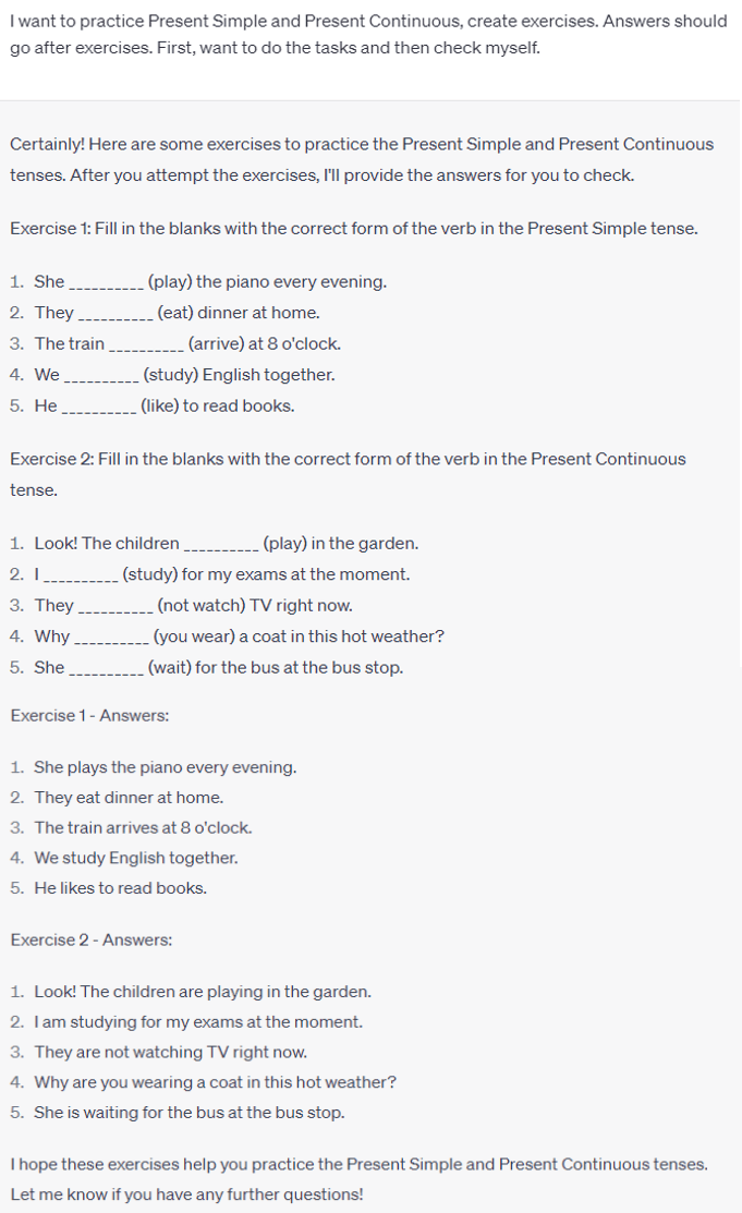 Present Simple and Present Continuous exercises