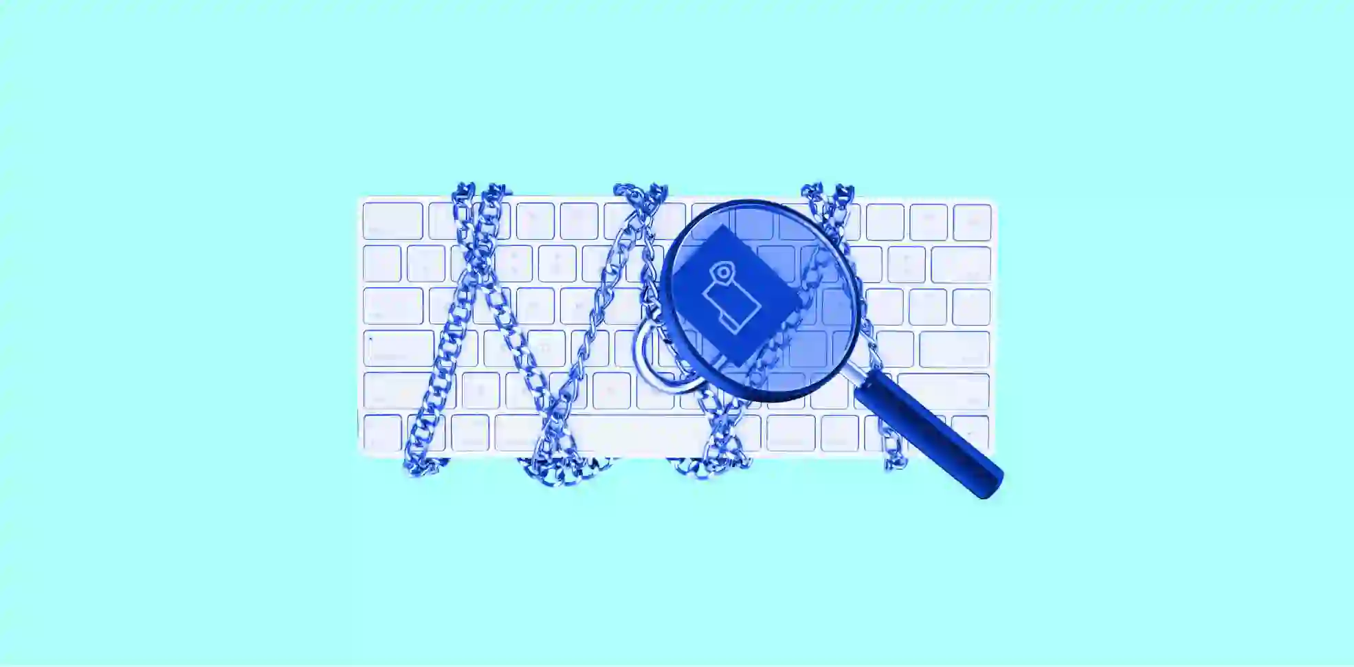 a keyboard wrapped in a chain with a lock is viewed under a magnifying glass on blue background
