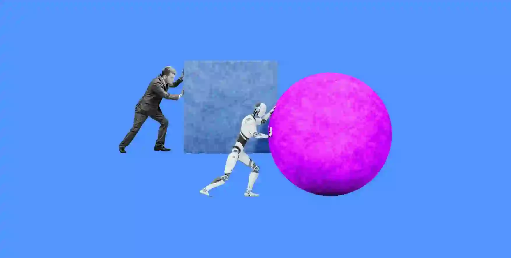 a man pushing a cube, an android robot pushing a ball