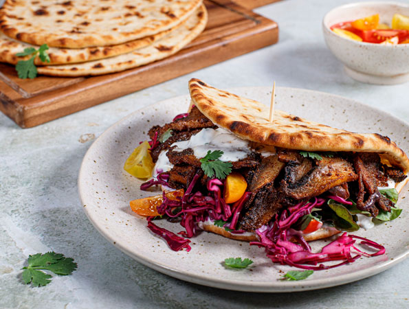 Mushroom Shawarma Pitas with Garlic Yoghurt