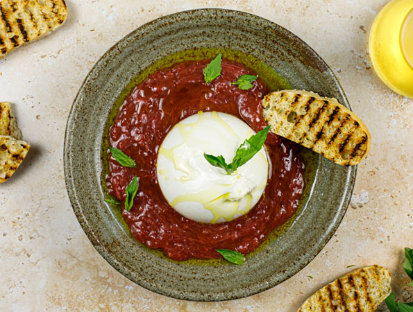 Burrata with Rhubarb Compote and Pink Peppercorns