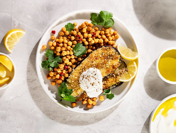 Fried aubergine and spicy chickpeas