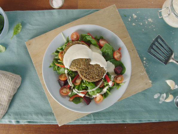 Mushroom Patties with Lentil Salad and Tahini Yoghurt Dressing