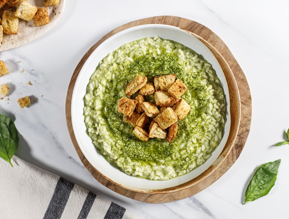Creamy Pesto Risotto with Lemon and Black Pepper Croutons