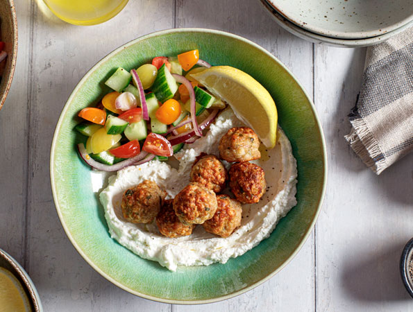 Chicken Meatballs with Whipped Feta and Chopped Salad