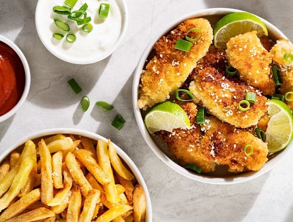 Crispy chicken nuggets and French fries