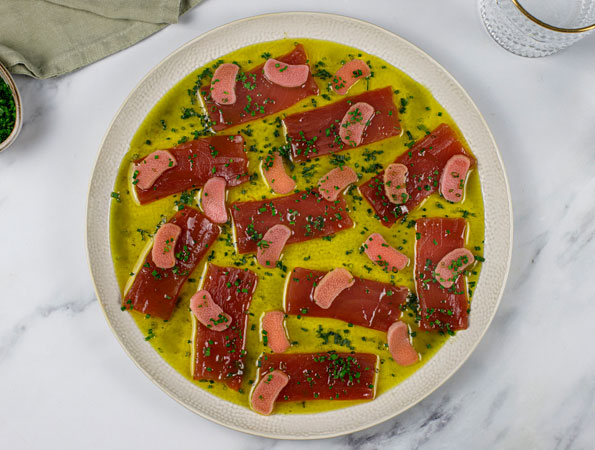 Tuna Crudo with Basil Oil and Pickled Rhubarb