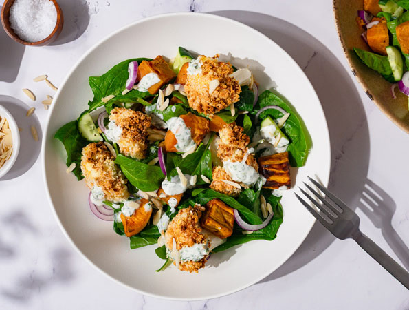 Crispy cauliflower and sweet potato salad with ranch-dressing