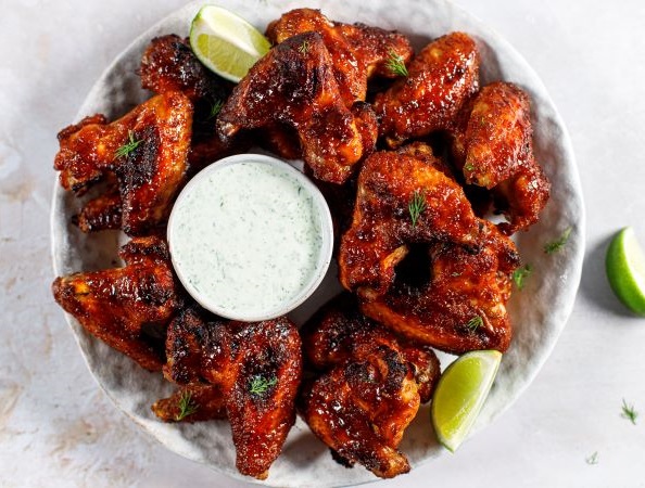 Sticky Honey and Garlic Chicken Wings with Blue Cheese Dip