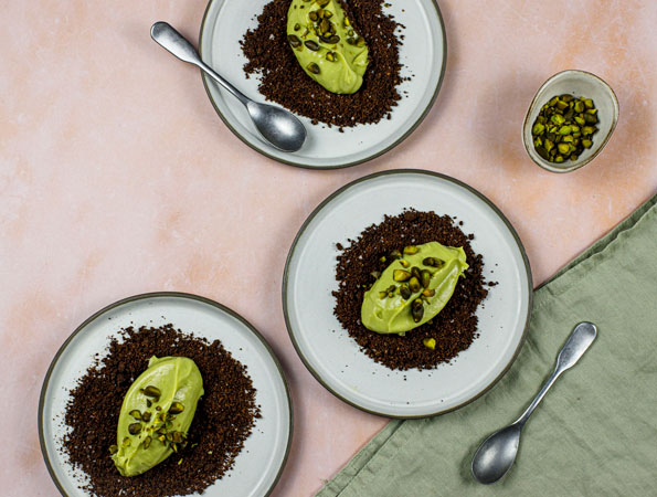 Pistachio Crémeux with Chocolate and Sea Salt Crumb