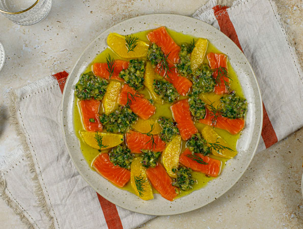 Salmon Crudo with Orange, Green Chilli and Red Onion Gremolata