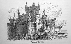 Illustration: large feudal castle with clouds behind it