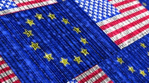 EU and US flags composed of binary characters