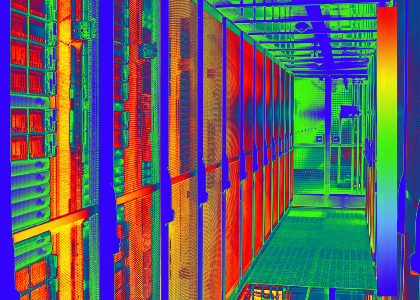 Thermal image with a thermal imaging camera from a cold aisle with server racks in a data center.