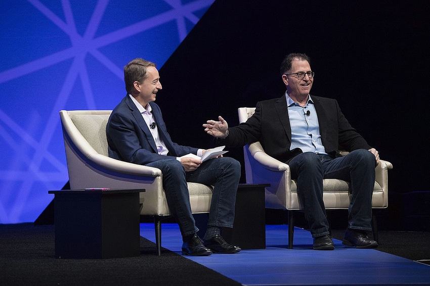 VMware CEO Pat Gelsinger (L) shares the stage with Dell Technologies founder and CEO Michael Dell at VMworld 2017.