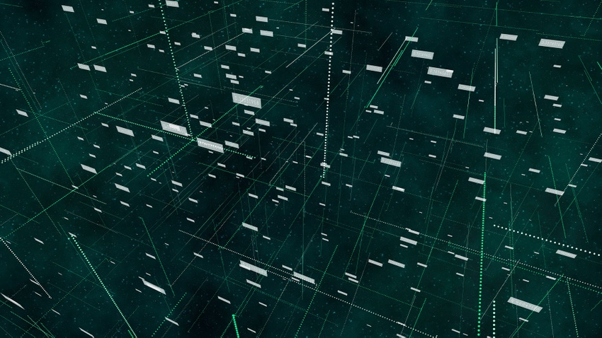 A dark green abstract digital background with interconnected lines and dots forming a complex network pattern.