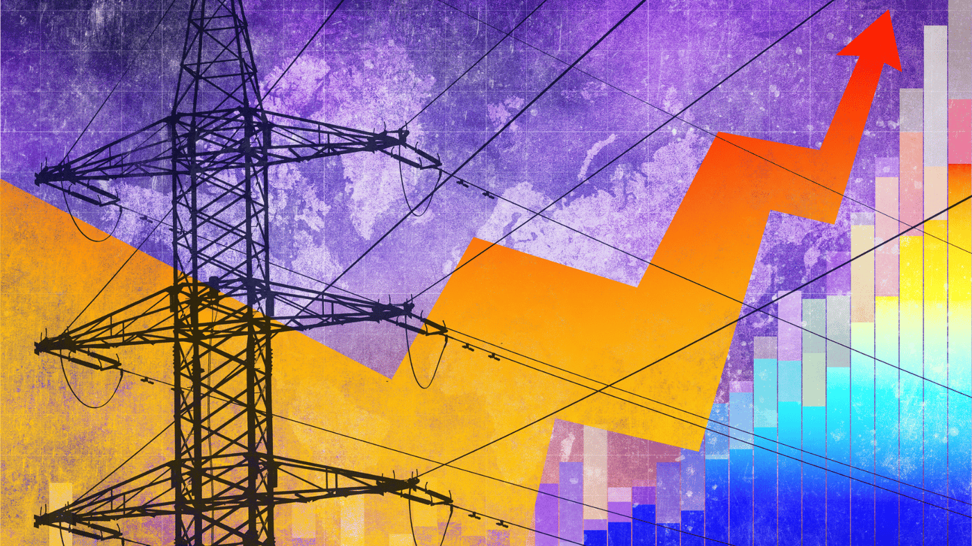 A vibrant illustration of an electricity pylon and rising graph A vibrant illustration of an electricity pylon and rising graph