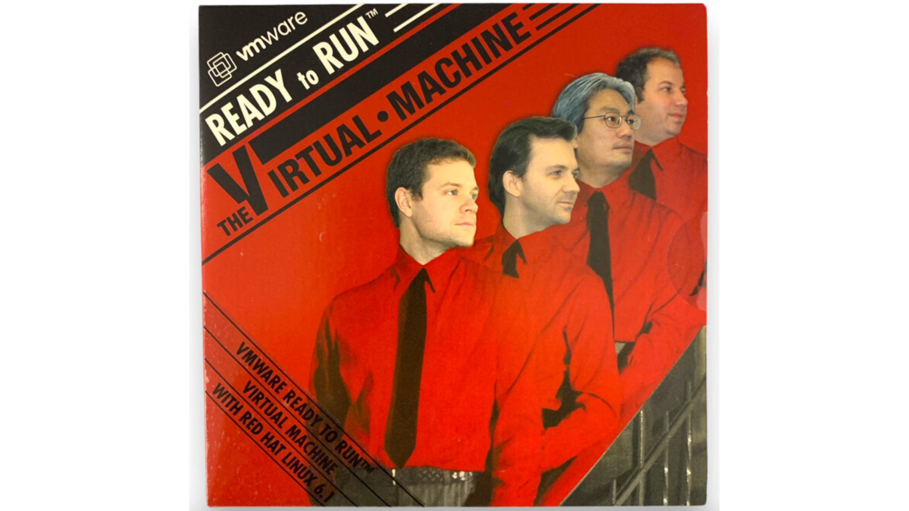 Early VMware product packaging featuring a photograph of company founders