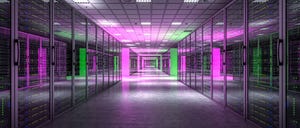 Server room with purple and green lights.