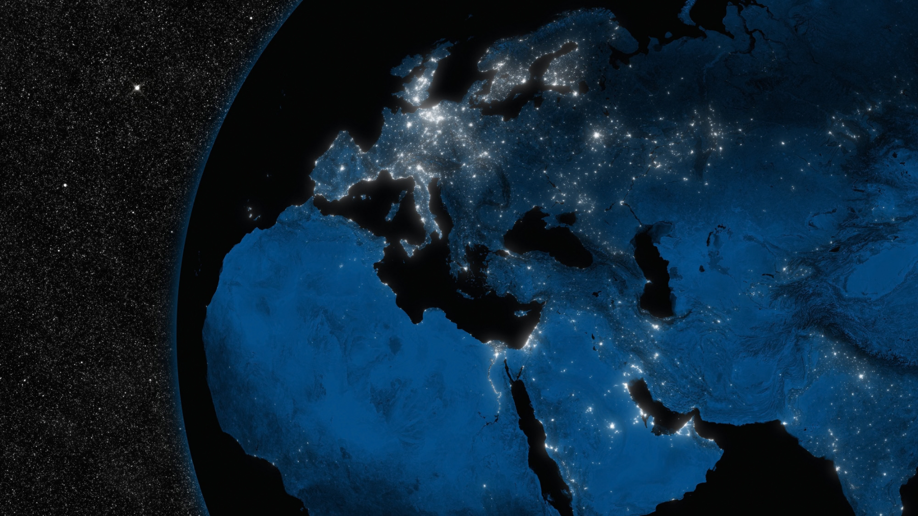 Night in EMEA region with city lights viewed from space