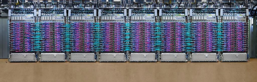 Row of liquid-cooled TPU 3.0 pods inside a Google data center