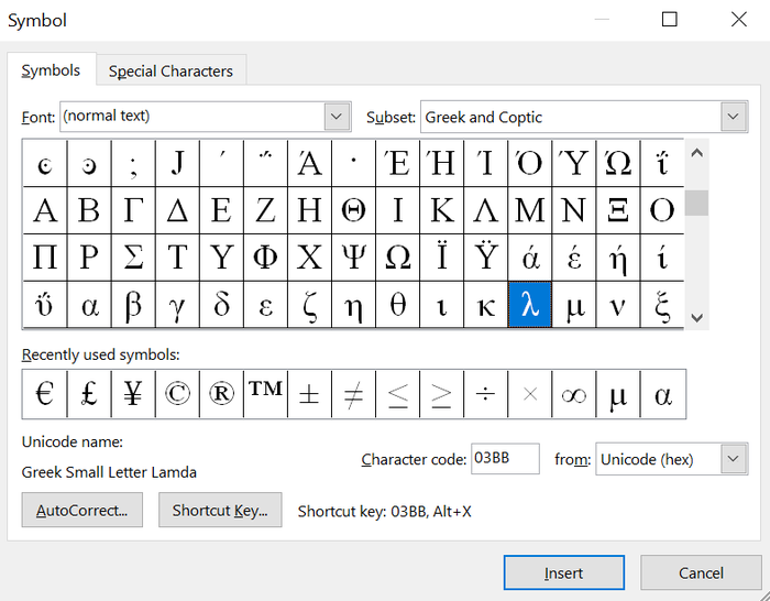 You can find the lamda symbol in the Advanced Symbols library in Microsoft Word.