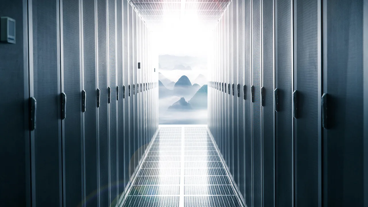 Image 3: data center aisle opens onto a cloudy mountain scene