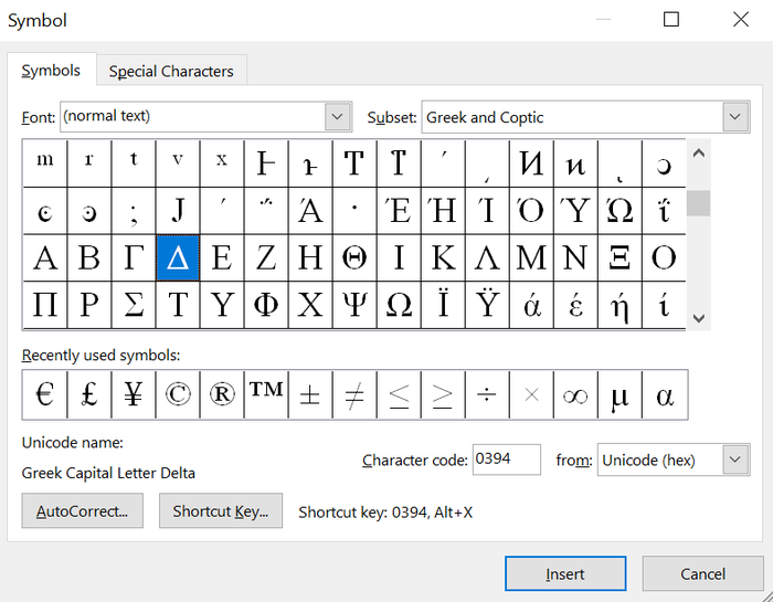 You can find the delta symbol in the Advanced Symbols library in Microsoft Word.