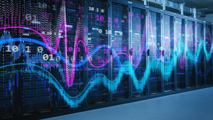 An energy graph over a working data center full of rack servers An energy graph over a working data center full of rack servers