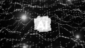 Central white geometric AI cube surrounded by luminous network web on dark background Central white geometric AI cube surrounded by luminous network web on dark background
