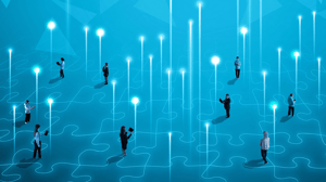 People standing on glowing puzzle grid, interacting through light signals People standing on glowing puzzle grid, interacting through light signals