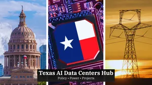 three image panels showing the Texas State Capitol, flag of Texas on a microchip, and a high-voltage power line structure three image panels showing the Texas State Capitol, flag of Texas on a microchip, and a high-voltage power line structure