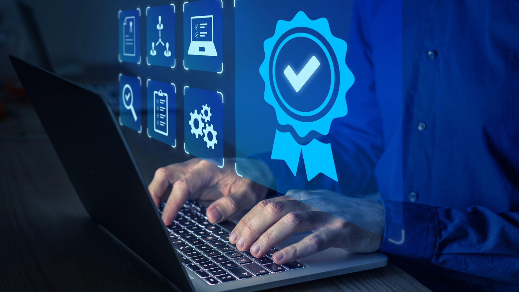 person typing on a keyboard with a blue ribbon above