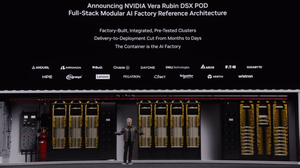 Chief executive Jensen Huang on stage at Nvidia GTC unveiling the DSX POD Chief executive Jensen Huang on stage at Nvidia GTC unveiling the DSX POD
