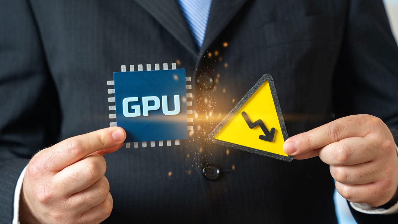a person holding a GPU chip and a winding road sign
